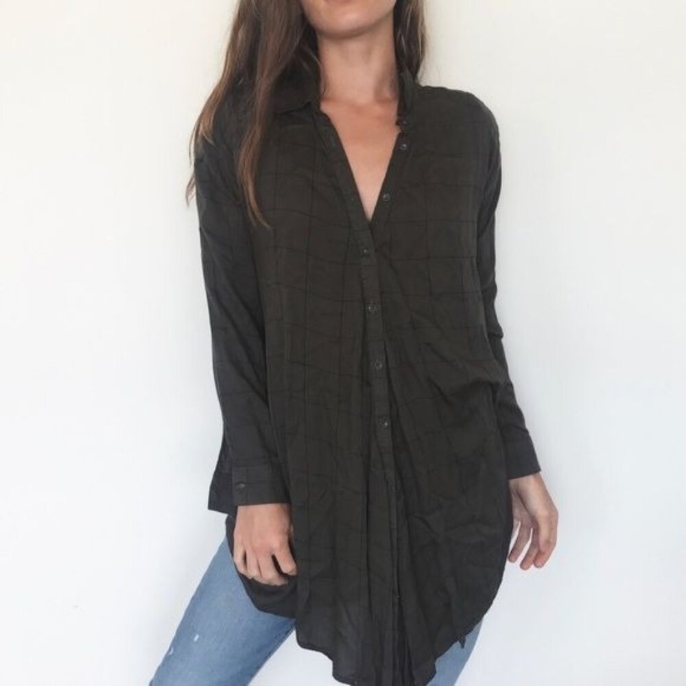 Knot Sisters Olive Green Windowpane Print Draped Tunic Shirt Womens Small NEW